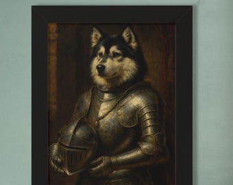 May include: Framed artwork featuring a dog's head superimposed on a knight's body, wearing silver armor and holding a helmet. The dog has black and tan fur. The background is a dark, vintage-style interior.