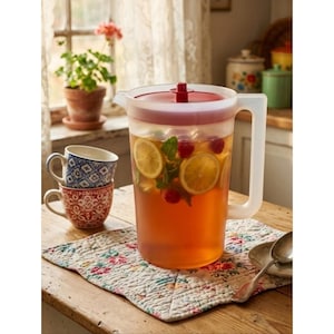 Può includere: Una caraffa in plastica traslucida con coperchio rosso, riempita di liquido color ambra, fette di limone, lamponi e foglie di menta. Accanto, due tazze in ceramica impilate con motivi blu e rossi su un tappetino trapuntato floreale.