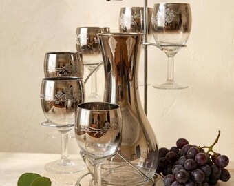 Vintage MCM Silver Fade Decanter Set Chrome Caddy 1960s Hollywood Regency Barware Gift