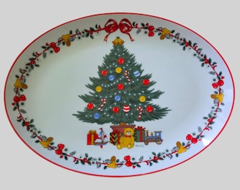 Bandeja ovalada de porcelana fina vintage Yamaji con diseño de árbol de Navidad, fabricada en Japón, 30,5 cm (12 pulgadas).