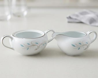 Hira Fine China Japan Vintage Mid Century Creamer Open Sugar Bowl Blue Leaf Set