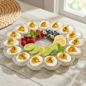 May include: A clear glass serving platter arranged with deviled eggs topped with paprika and dill, fresh raspberries, blueberries, lemon and lime slices, and sprigs of mint. The platter features individual scalloped indentations for each egg.