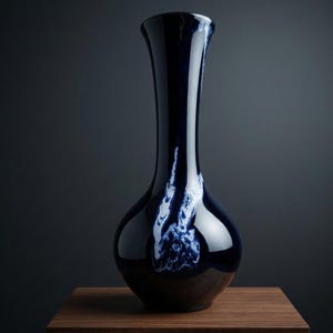 Puede incluir: Un jarrón azul marino con acabado brillante. Tiene una base bulbosa, cuello delgado y abertura acampanada. Patrones blancos en forma de nube adornan la superficie. El jarrón está sobre una superficie de madera. Un objeto decorativo.