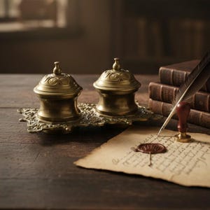 May include: A vintage brass inkwell set with two lidded pots on a decorative tray. A quill pen, wax seal, and aged paper with script are on a wooden surface, alongside a stack of leather-bound books.
