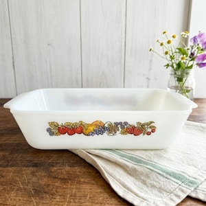 Vintage Fire King Fruit Pattern Milk Glass Baking Dish 1 Quart Rectangular Mid Century