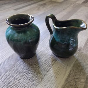 Vintage Blue Mountain Pottery Vase and Creamer Set Mid-Century Modern Green Drip Glaze