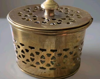 Vintage Brass Pierced Lattice Trinket Box Boho Decor Small Incense Holder