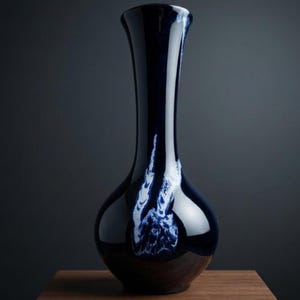 Puede incluir: Un jarrón de cerámica azul oscuro con un acabado brillante. El jarrón tiene una base bulbosa, un cuello delgado y un borde acampanado. Patrones blancos en forma de nube adornan la superficie. El jarrón se exhibe sobre una superficie de madera.