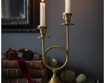 Vintage Solid Brass French Horn Double Candlestick Holder Candelabra 11 Inch