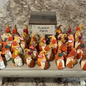 May include: A display of autumnal gnome figurines, featuring orange, brown, and yellow hats, each decorated with a leaf. A small wooden sign reads "Pumpkin Patch". The gnomes are arranged on a white decorative tray.