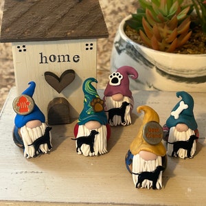 May include: Five handmade gnome figurines with painted details. Each gnome is wearing a different colored hat and has a black dog figurine in front of them. The gnomes are sitting on a wooden surface in front of a small wooden house with the word "home" painted on it.