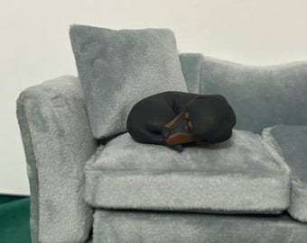 Black And Tan Sleeping dachshund, Dollhouse Dog, polymer clay sculpture