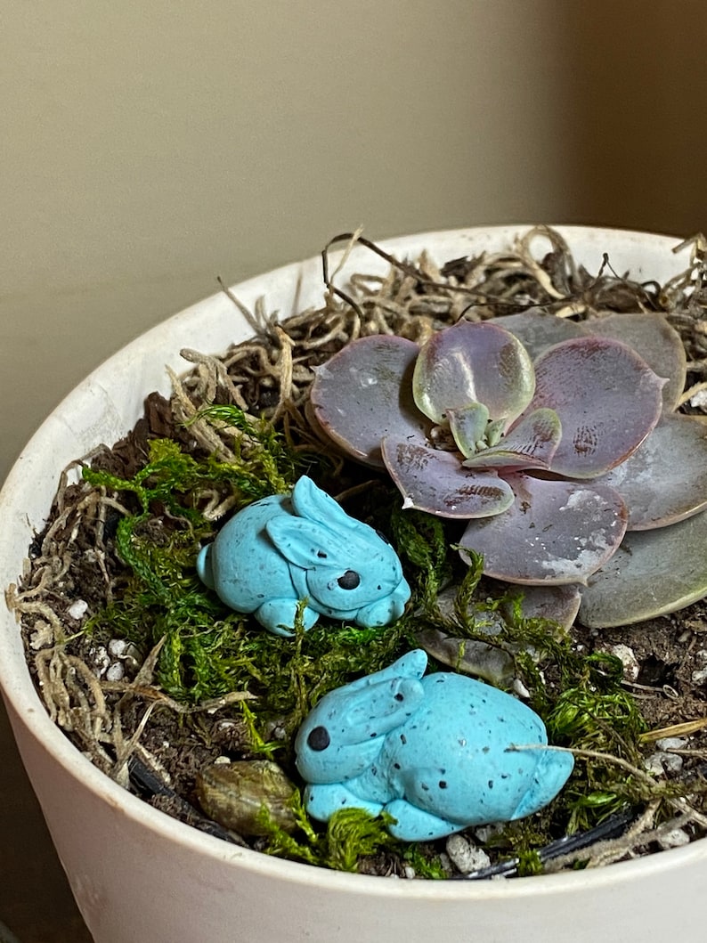 May include: Two small blue ceramic bunny figurines with black eyes are nestled in a white pot filled with moss and a succulent plant.