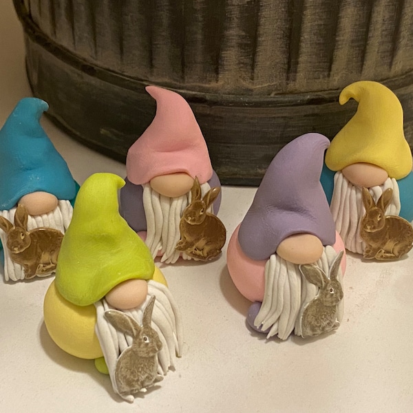 Tiny Easter Gnome with Rabbit, polymer Clay gnome