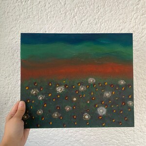 Dandelion Field – Original Nature Painting on Canvas | Green & Blue Sky Landscape Art | Whimsical Floral Meadow | Unique Handmade Gift