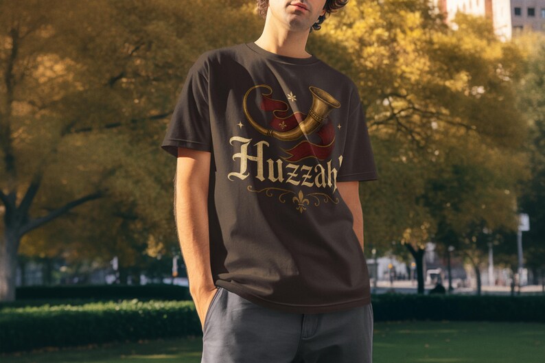 Geek cosplay Huzzah shirt for fall festivals, renaissance fairs, and medieval LARP.