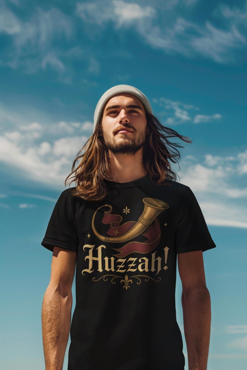 Medieval Huzzah shirt with trumpet horn design, cosplay and renaissance festival costume tee.