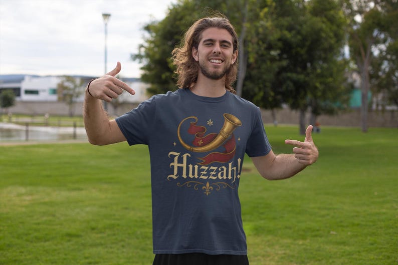 Funny ren faire cosplay shirt with Huzzah design for medieval festivals and geek fairs.