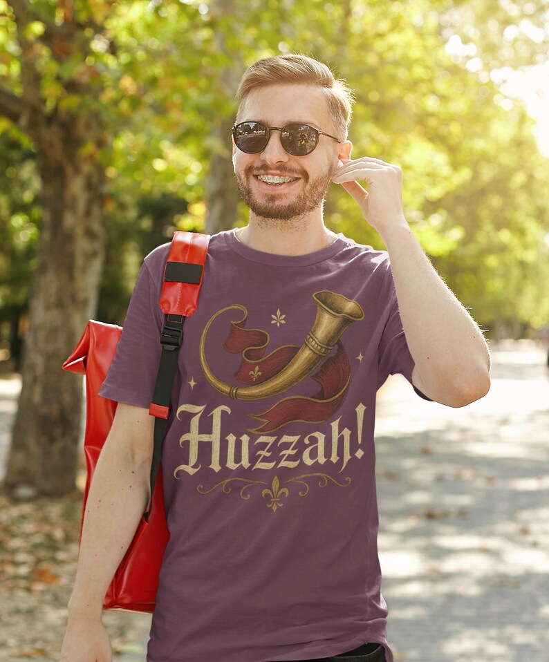 Casual festival cosplay Huzzah t-shirt, funny medieval nerd gift for renaissance fair fans.