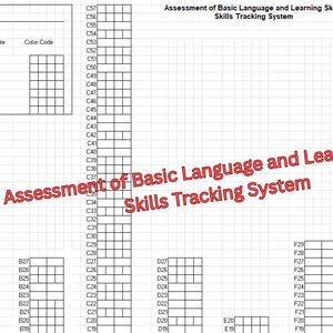 Peut inclure: Un formulaire d'évaluation quadrillé intitulé "Évaluation des compétences de base en langage et en apprentissage, système de suivi des compétences". Le formulaire comprend des sections pour les informations sur l'élève, l'évaluateur et un code couleur.