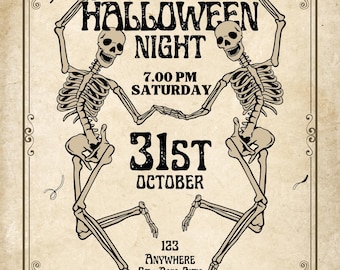 May include: Halloween night invitation with skeleton illustrations. The vintage-style poster features the text "Spooky Halloween Night" with event details: 7:00 PM Saturday, October 31st, and an address. The skeletons are holding cocktails.