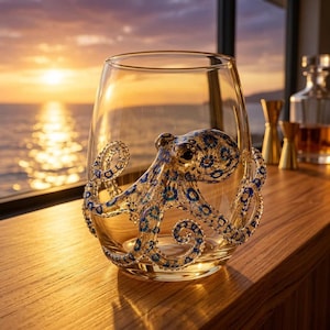Bicchieri artigianali con polpo dagli anelli blu, bicchieri da bibita con polpo 3D, collezione di bicchieri artigianali con animali marini, bicchieri da vino