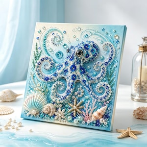 Ocean Theme Pearl Art DIY Kit,Octopus Wave DIY 3D Pearl Painting Kit,Shark | Sparkling Coastal Diamond Painting Kit for Adults and Beginners