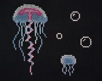 Jellyfish scene OOAK cross stitch