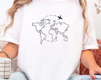 World Map Airplane Tee, Comfort Colors Travel Shirt