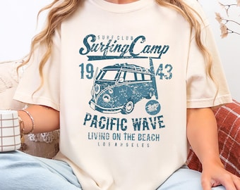 Camiseta vintage de furgoneta de surf, camiseta gráfica de ola del Pacífico