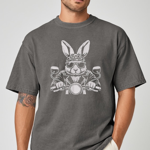Biker Rabbit T Shirt, Motorcycle Bunny Graphic Tee, Cool Animal Shirt, Vintage Biker Tee, Gift for Bikers, Funny Rabbit Shirt