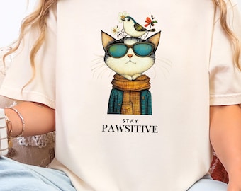 Camiseta Stay Pawsitive Cat: Camiseta gráfica divertida para amantes de los animales