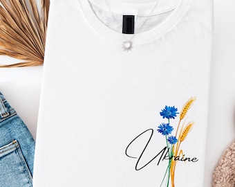 Ukraine Floral T-Shirt, Ukrainian Symbol Tee, Cornflower Wheat Design