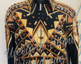 Showmanship Jacket– Black Base with Brown and Gold Crystals | Custom Handmade | Horse Show Apparel | MA Creations