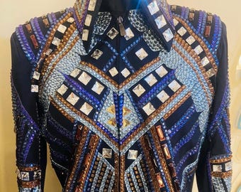Showmanship Jacket– Black Base with Blue, Light Blue & Bronze Crystals | Custom Handmade | Horse Show Apparel | MA Creations