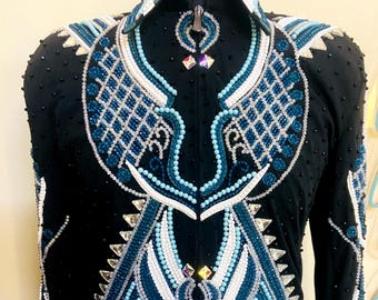 Showmanship Jacket– Teal & White Crystal Embellished | Custom Handmade | Horse Show Apparel