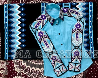Western Show Set – Ice Blue Show Shirt with Purple & Black Crystal Accents + Matching Blue Show Pad | Women’s Western Horse Show Outfit