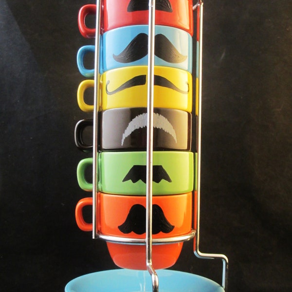 Multi Color Six stackable espresso mustache mug set -handpainted