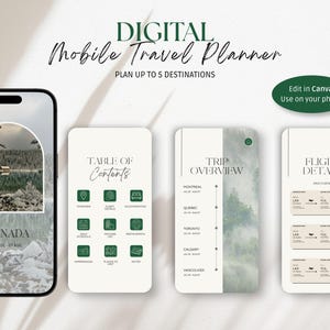 Könnte beinhalten: Digitales Mockup eines mobilen Reiseplaners auf einem Smartphone und drei zusätzlichen Bildschirmen. Die Bildschirme zeigen ein Kanada-Reisemotto, Inhaltsverzeichnis, Reiseübersicht und Flugdetails. Der Text enthält "Edit in Canva, Use on your phone."