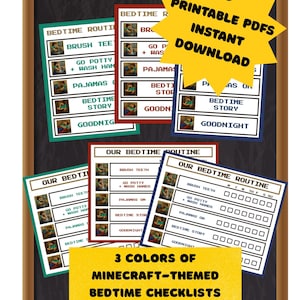 Puede incluir: Un conjunto de listas de verificación de la hora de dormir con temática de Minecraft en varios colores. Las listas incluyen pasos como cepillarse los dientes, ponerse el pijama y leer un cuento. La imagen también incluye el texto "6 Printable PDFs Instant Download."