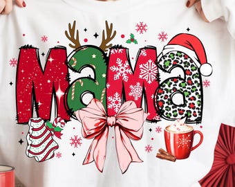 Christmas Mama Coquette PNG, Mama Claus Christmas Tree Cake Png, Coquette Christmas Bow Design, Doodles Xmas Sublimation PNG, Holiday PNG