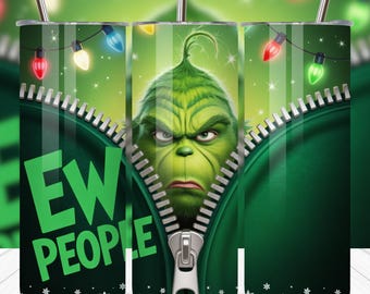 Ew People Christmas Green Monster Tumbler Wrap PNG | Funny Patchwork Christmas Skinny Tumbler Sublimation Design | Digital Download Wrap