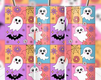 Retro Pastel Halloween Tumbler Wrap PNG | Cute Ghost 20oz Skinny Sublimation Design | Spooky Season Tumbler Wrap | Digital Download PNG