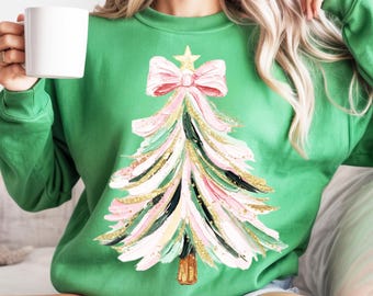 Coquette Glitter Christmas Tree PNG, Watercolor Christmas Tree Girly Design, Merry Christmas Coquette Bow Tree PNG, HandDrawn Christmas Tree