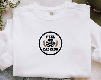 Sweat-shirt brodé couleurs confort Reel Dad Club, cadeau pour papa pêcheur, pull fête des pères pour papa, pull d'extérieur vintage pour lui