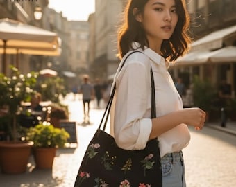 Mit Blumen bestickte Umhängetasche | Boho Tote Handtasche, Boho Reise Geldbörse, Handstickerei Tasche für Frauen, tägliche Arbeitstasche Geschenk für Sie