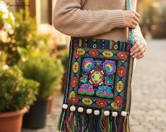 Retro bestickte Umhängetasche | Boho Floral Umhängetasche, Handgemachte Hanf Geldbörse, Vintage Stickerei Tasche, Geschenk für Sie