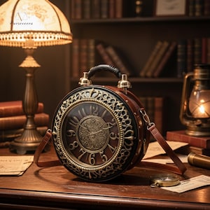 May include: A circular brown handbag with a clock face design. The bag has a black frame, gold detailing, and a handle. It features a brown shoulder strap and a clock face with Roman numerals. The bag is on a wooden surface.