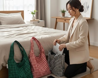 Canvas Shoulder Bag for Women | Medium Crossbody Bag | Plaid Canvas Handbag | Travel Messenger Purse | Gift for Her