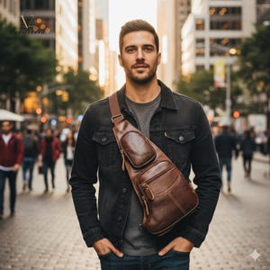 May include: A brown leather sling bag with multiple pockets and a shoulder strap. The bag is worn across the body and features a textured surface. The person in the image is wearing a black denim jacket and blue jeans.